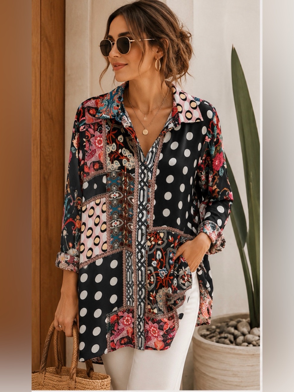 Shana Mixed Print Patchwork Tunic‎ Blouse Boho Artsy Polka Dot Floral Women's